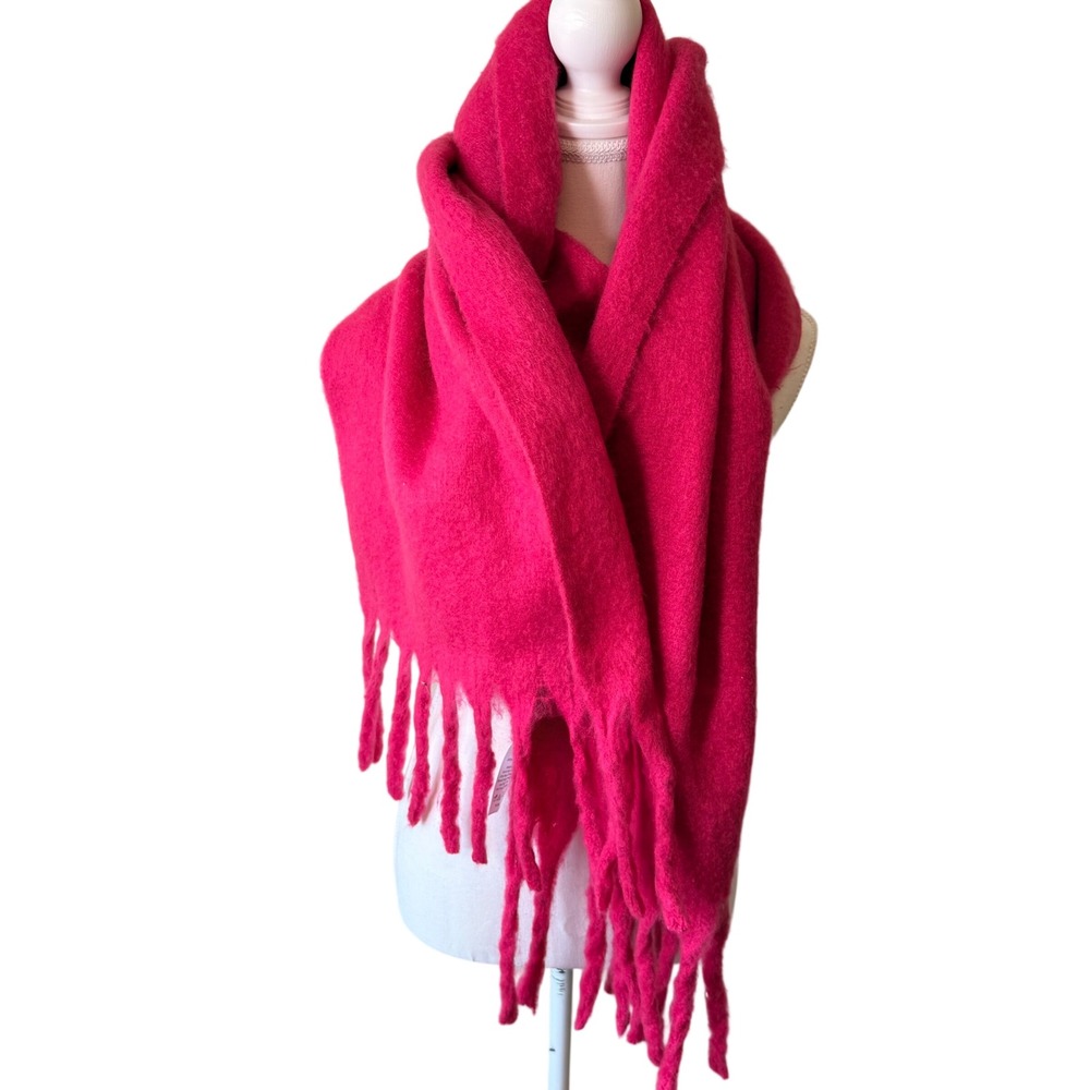 Susan Graver Womens Scarf OS Bold Pink Oversized Brushed Knit Tassel Fringe